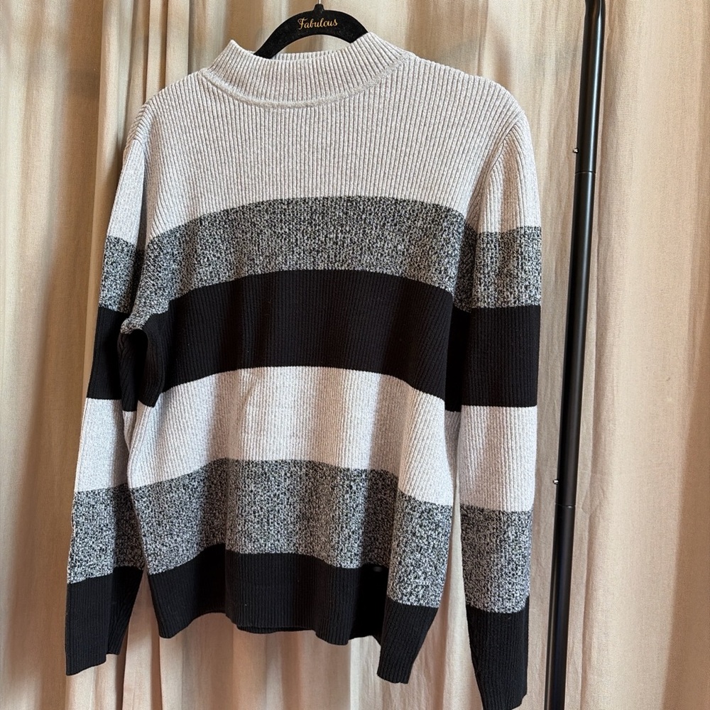 Karen Scott Black and Grey Stripped Ribbed Sweater
